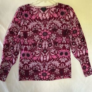 Talbots Puff Sleeve 100% Merino Wool Pullover Sweater, Regal Floral Pink Small